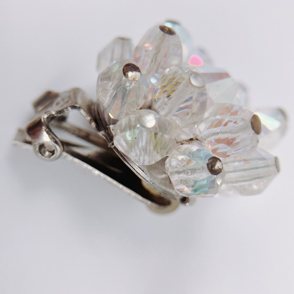 VTG MCM Signed Hobé Clip-On Earrings Aurora Borealis Crystal Cluster 1950s 1960s - Picture 5 of 10
